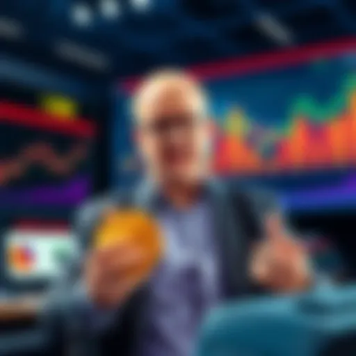 Financial expert Jim Cramer speaks about investing in Bitcoin, showing charts and graphs related to cryptocurrency.