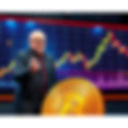 Jim Cramer stands in front of a graph showing Bitcoin decline, expressing concern over quantum technology, with a Bitcoin symbol in the foreground.