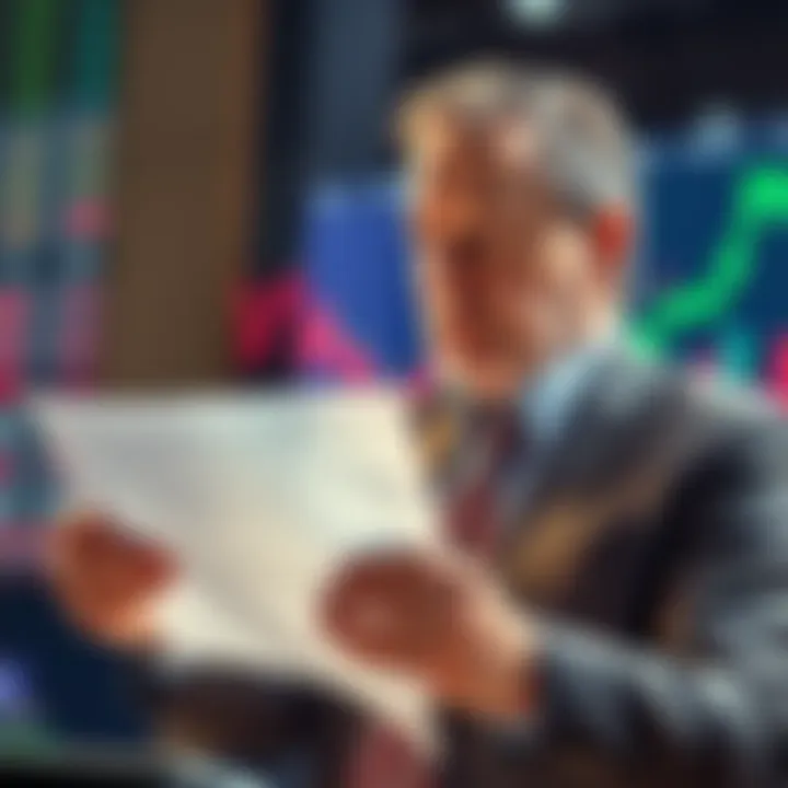 Jim Grube holding a document with stock shares while looking at a graph showing market trends