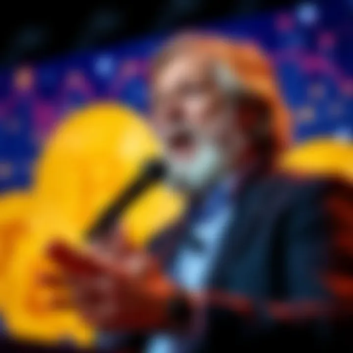Jim Rickards giving a speech with Bitcoin graphics in the background