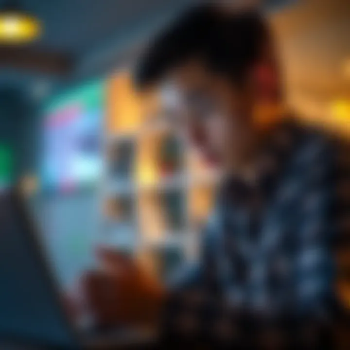 Young adult looking at a laptop while thinking about career options and finances