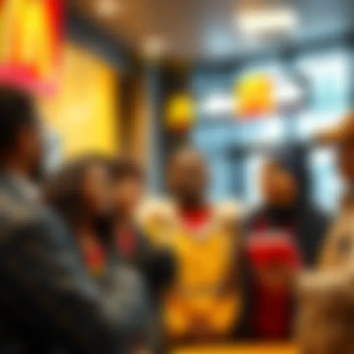 A group of diverse workers discussing job opportunities at a McDonald's restaurant.
