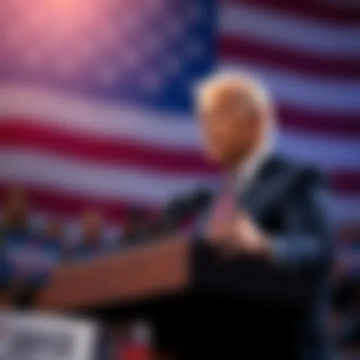 Joe Biden addressing a crowd from a podium, looking serious and engaged, with a backdrop of the American flag.