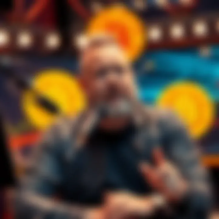 Joe Rogan in a studio talking about the future of Bitcoin as a currency, with a Bitcoin logo in the background