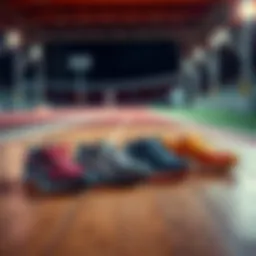 A lineup of various sneakers for jogging displayed on a wooden floor, emphasizing style and comfort, with a running track in the background.