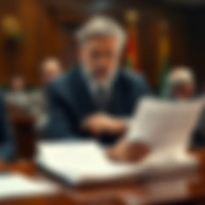 John Karony sitting in a courtroom during his conviction hearing, showing a serious expression and surrounded by legal documents.