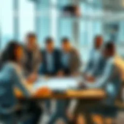 A diverse group of professionals collaborating around a table with a digital map and devices, discussing the Cross-Ledger Early Adopter Program.