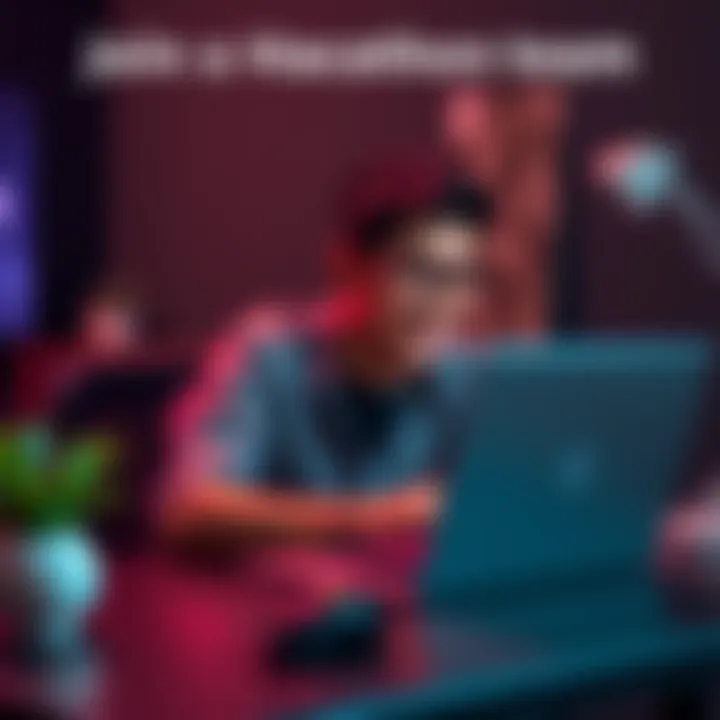 A person sitting at a desk with a laptop, looking excited while typing a message about joining a hackathon team.