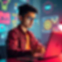 A young programmer looking for coding buddies for online hackathons in India, with a laptop and coding symbols around.