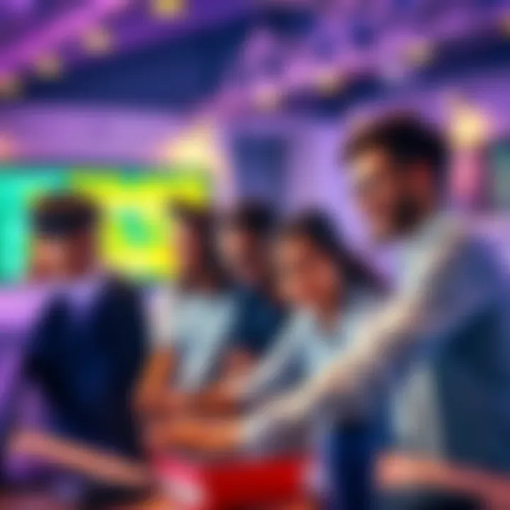 A diverse group of people collaborating at a computer, brainstorming ideas for a hackathon project focused on social impact solutions.