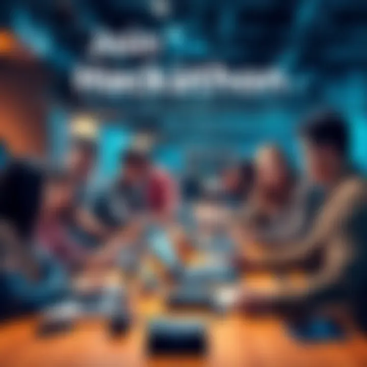 A group of diverse people brainstorming together for a hackathon, with laptops and tech gadgets on a table.