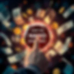 Join the Nano Giveaway A person excitedly pressing a button with dollar bills and digital coins around them, representing the chance to earn free nano.