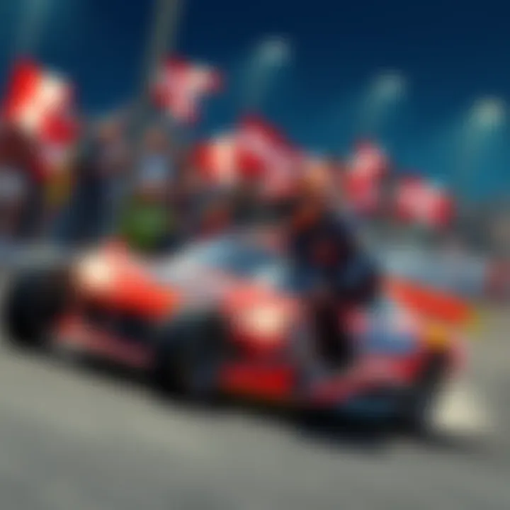 Josh Wise Racing with Fans Cheering Josh Wise drives his race car on the track with enthusiastic fans waving flags and cheering in the background