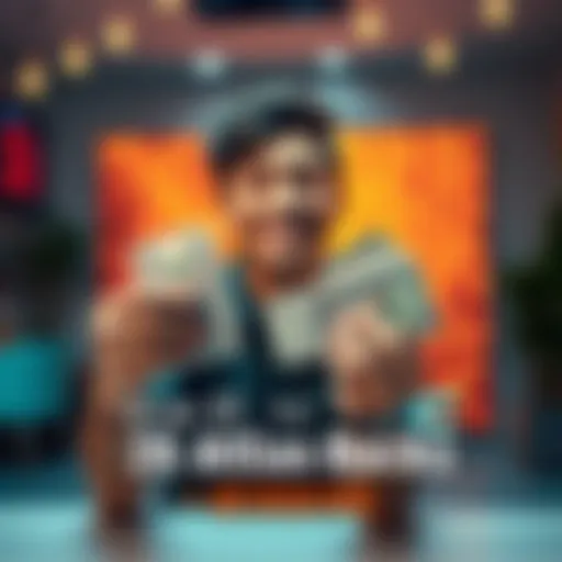 A person smiling while holding a stack of Atlas Bucks, showing their journey from $1 to success with a cheerful background