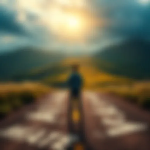 A person standing at a crossroads, looking at two paths symbolizing different opportunities for personal growth.