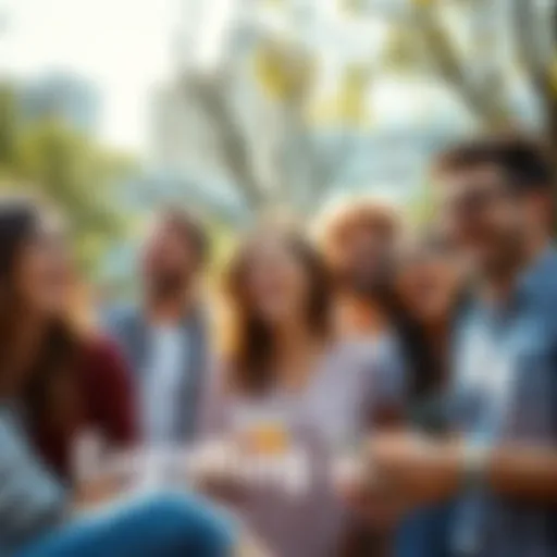 A group of happy people laughing and enjoying each other's company in a sunny park, highlighting positivity and togetherness.
