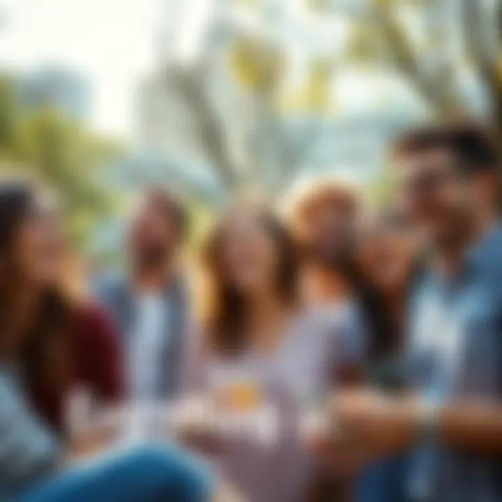 A group of happy people laughing and enjoying each other's company in a sunny park, highlighting positivity and togetherness.