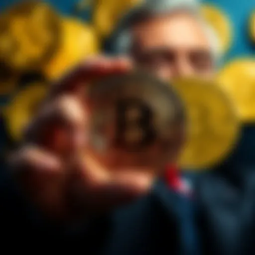 JP Morgan logo with Bitcoin coins and Jamie Dimon in the background