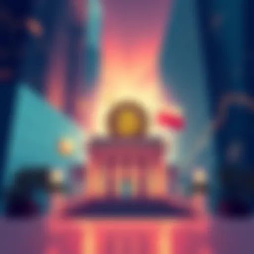 Illustration of the merging of decentralized finance and traditional finance, featuring symbols of blockchain and banking, with a backdrop of modern financial buildings.