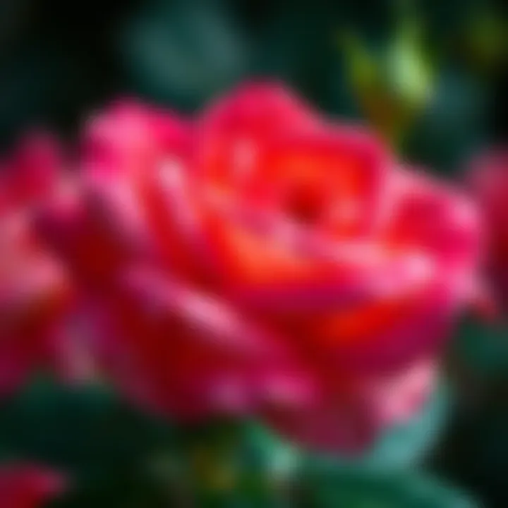 A close-up of the vibrant Jumilia rose in full bloom, showcasing bright petals and rich colors.