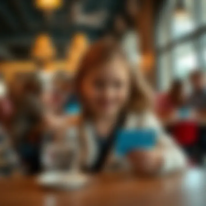 A young girl excitedly using her Junior Revolut card at a cafe in Wales with friends during a weekend trip