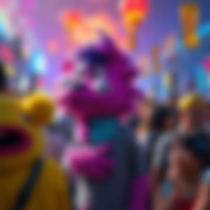 A colorful depiction of Just Yee 🦖 interacting with fans at a cultural event, showcasing its popularity in entertainment.