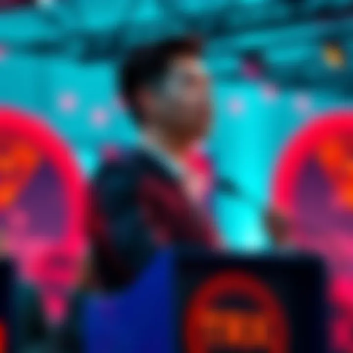 Justin Sun at a cryptocurrency conference Justin Sun speaking at a podium with Tron logos in the background, emphasizing the surge in TRX prices amid his challenge to the Trump family.