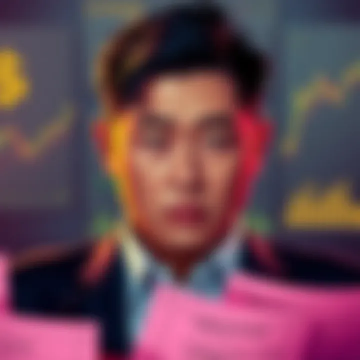 Justin Sun looking worried with legal documents and financial charts in the background