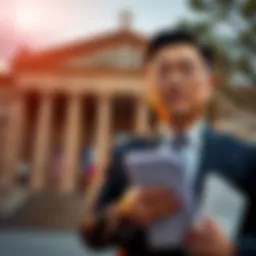 Justin Sun in a business suit standing in front of a courthouse holding legal documents, with the Trump family logo in the background