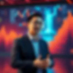 Justin Sun standing in front of a digital finance backdrop, discussing governance issues with representatives from World Liberty Financial.