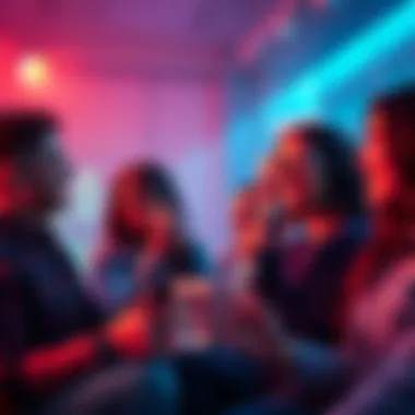 Group of friends enjoying karaoke night, singing along to Sleep Token songs and having fun
