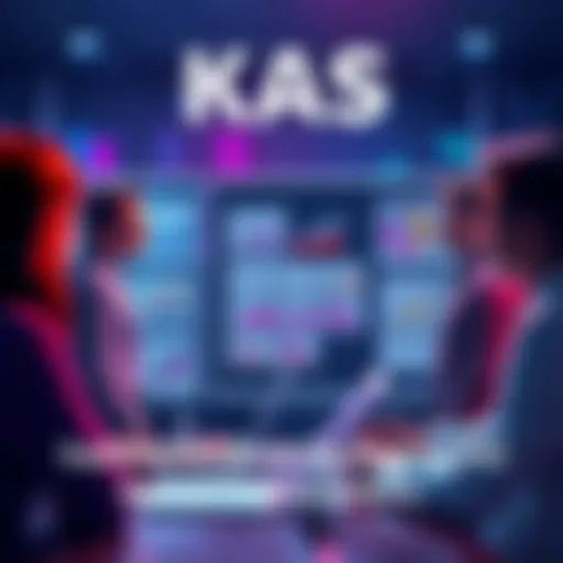 KAS Applications A group of people discussing various practical uses of KAS in different sectors, showcasing charts and examples on a presentation board.