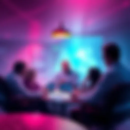 A group of people engaging in a lively discussion about KAS and its future in the crypto market, with charts and tablets visible on the table