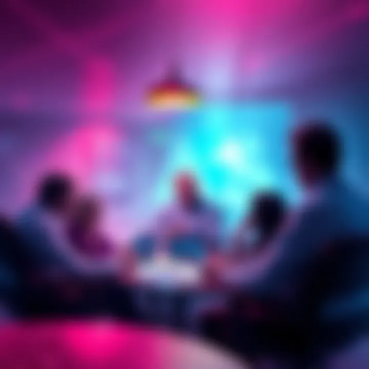 A group of people engaging in a lively discussion about KAS and its future in the crypto market, with charts and tablets visible on the table