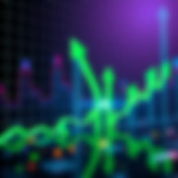 A chart showing the upward trend of KAS cryptocurrency prices with green arrows, symbolizing potential growth to $5-$10 in summer 2025.