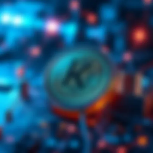 A visual representation of the Kaspa cryptocurrency logo with digital graphics illustrating blockchain technology.