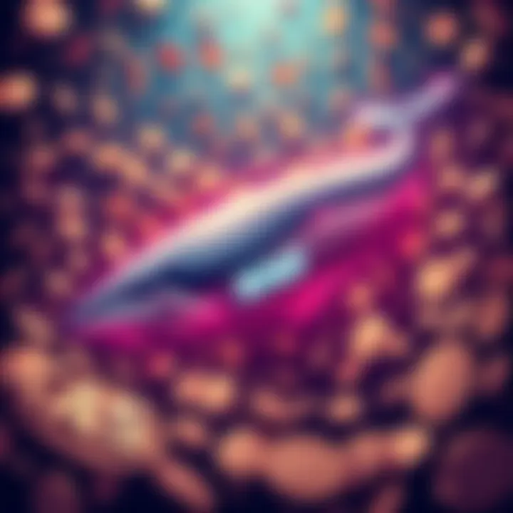 Illustration of a large whale representing Kaspa Whale #2 surrounded by KAS coins, symbolizing the accumulation of $90M in the cryptocurrency market.