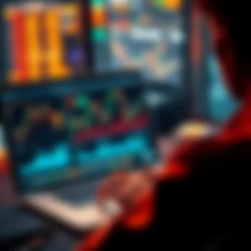 A person analyzing Kaspa market trends on a laptop with charts and graphs displayed, considering entry prices and market corrections.
