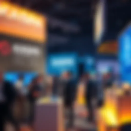 A vibrant crypto event with people discussing KASPA technology at a booth, showcasing its features through engaging presentations.