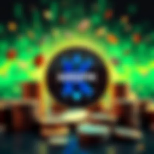 A visual representation of the Kaspa cryptocurrency logo surrounded by digital coins and a bright background, symbolizing innovation in crypto.
