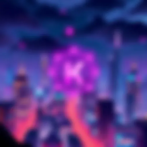 An illustration showing Kaspa cryptocurrency logo with a futuristic city background, symbolizing its potential growth in 2025.