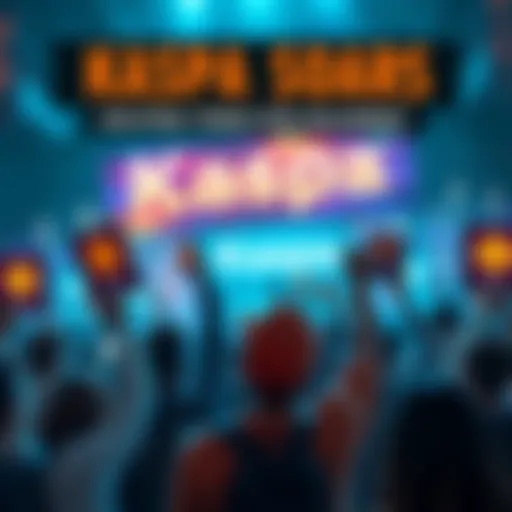 People celebrating the rise of Kaspa cryptocurrency with signs and digital displays