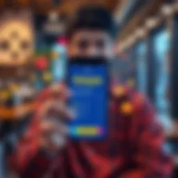 A young person holding a smartphone displaying their Kaspa investment details, surrounded by graphics representing cryptocurrency, with a casual background of a coffee shop.