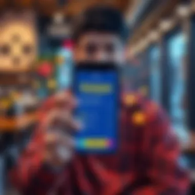 A young person holding a smartphone displaying their Kaspa investment details, surrounded by graphics representing cryptocurrency, with a casual background of a coffee shop.