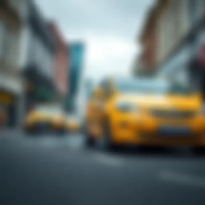 A bright yellow Kaspa taxi parked on a busy Dublin street with landmarks in the background.