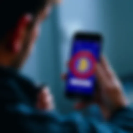A frustrated person looking at a smartphone with a KAST app screen showing an account ban message, holding a Bitcoin symbol in the other hand.