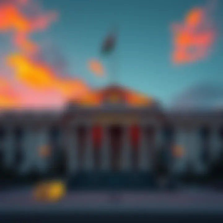 Kazakhstan Central Bank building with digital currency symbols in front, representing potential investment in Bitcoin.