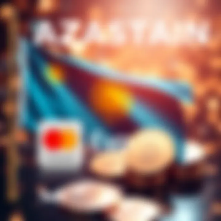 A graphic showing the Kazakhstan flag, Solana logo, and Mastercard logo representing the launch of Evo stablecoin, with digital currency symbols in the background.