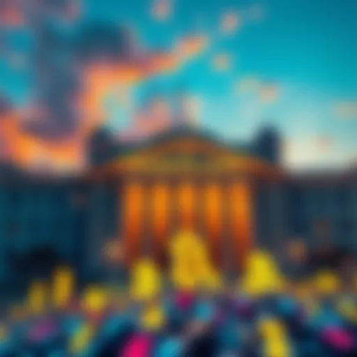 The building of Kazakhstan's National Bank with digital cryptocurrency symbols in the foreground