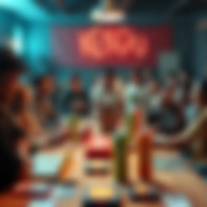 A celebratory scene featuring diverse people gathering around a table with Kendu branded products like board games and energy drinks, showcasing community engagement.